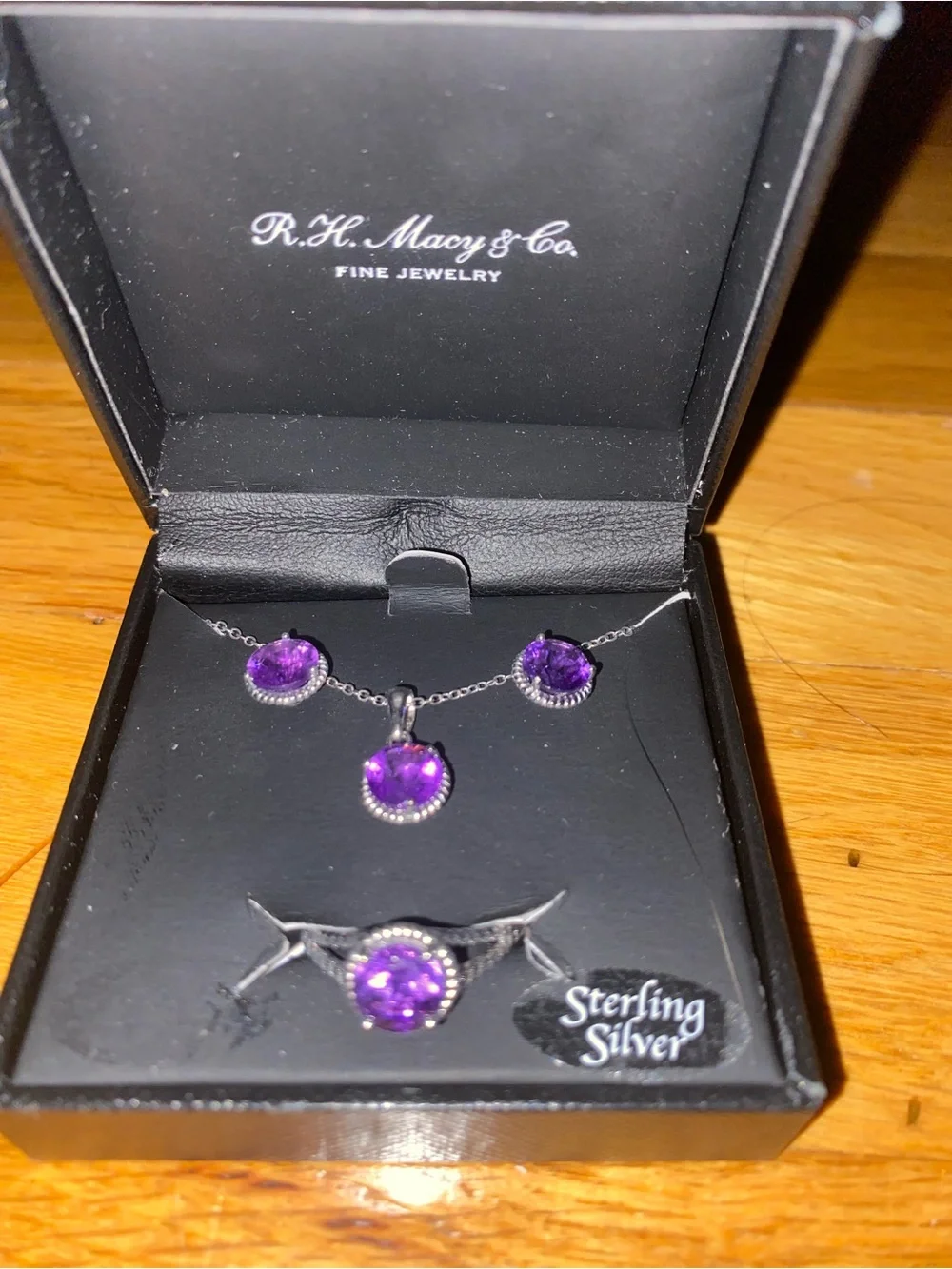 Sterling Silver Purple Gem Ear Ring, Necklace and Ring Set